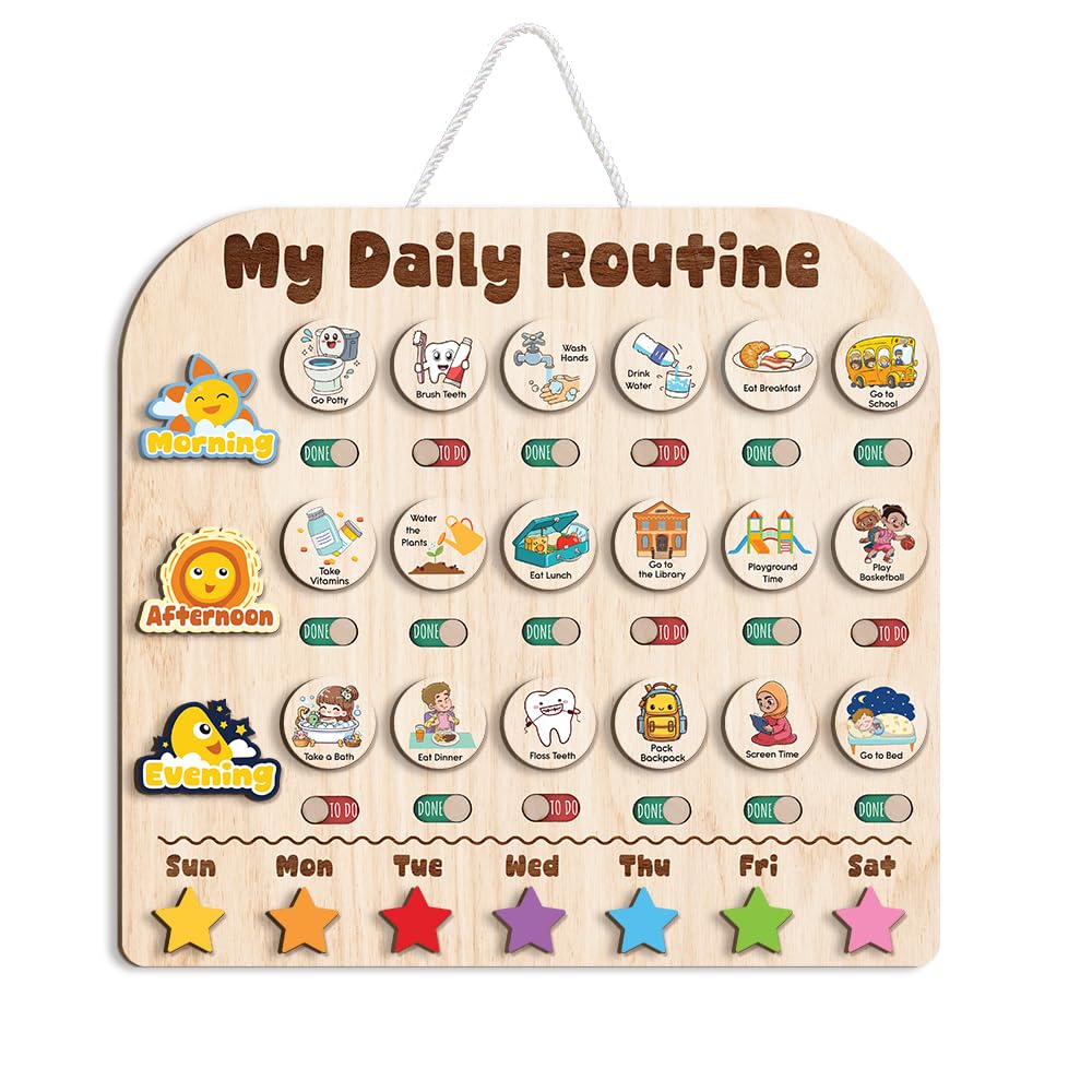 Wooden Daily Routine with Stars Chart 13x14", Chore Chart for Toddlers