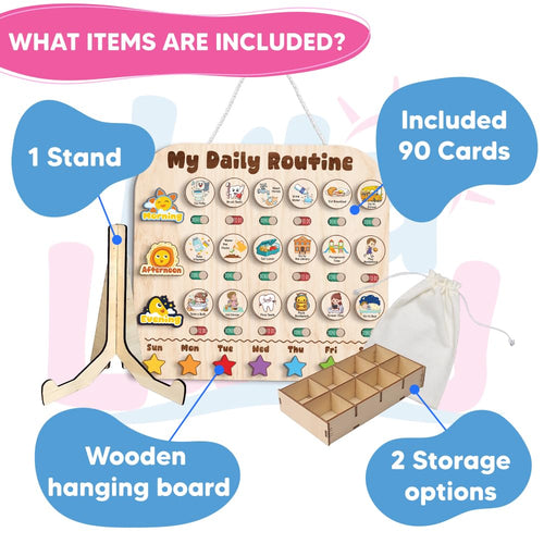 Wooden Daily Routine with Stars Chart 13x14", Chore Chart for Toddlers