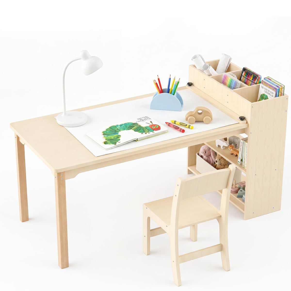 Wooden Kids Activity Table & Chair with Storage Cabinet