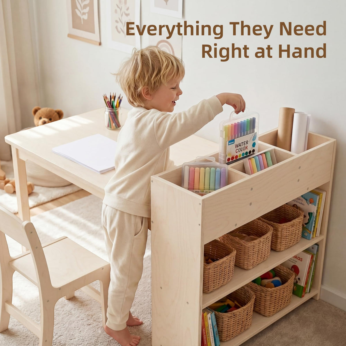 Wooden Kids Activity Table & Chair with Storage Cabinet