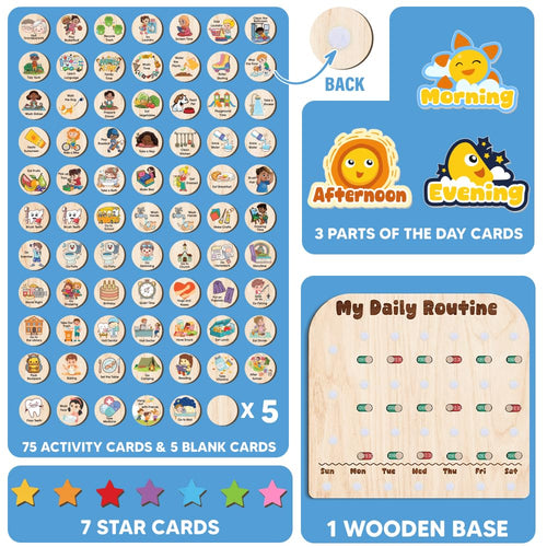 Wooden Daily Routine with Stars Chart 13x14", Chore Chart for Toddlers