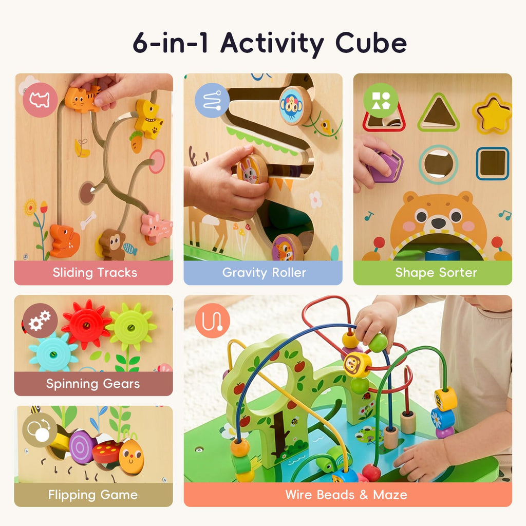 OOOK 5 in 1 Large Activity Cube, Forest-Themed Activity Cube for 1 Year Old