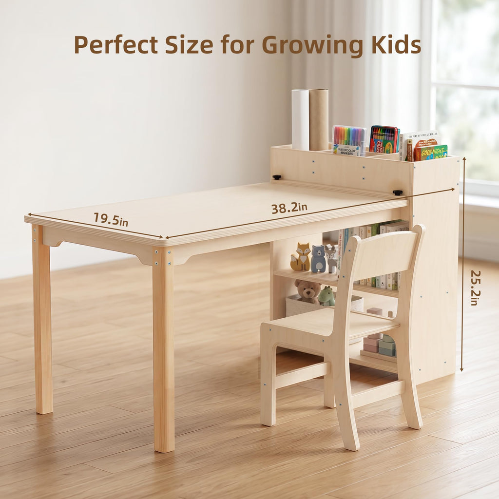 Wooden Kids Activity Table & Chair with Storage Cabinet