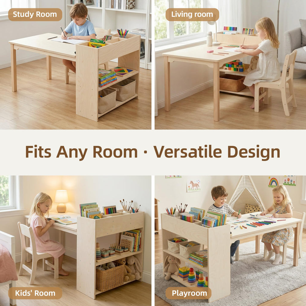Wooden Kids Activity Table & Chair with Storage Cabinet