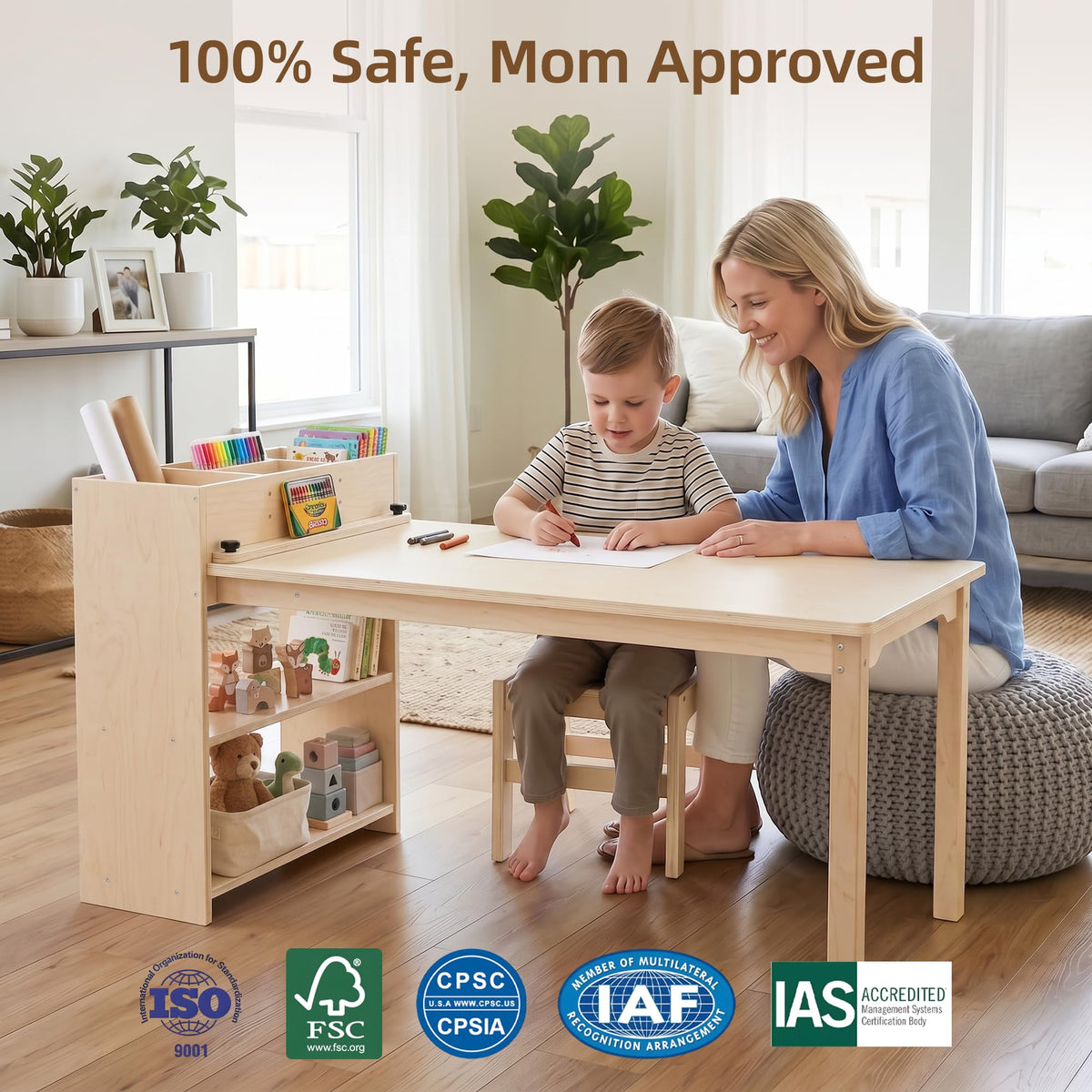 Wooden Kids Activity Table & Chair with Storage Cabinet