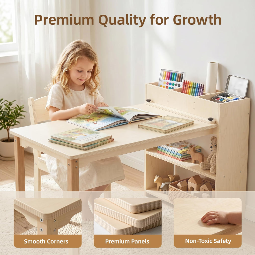 Wooden Kids Activity Table & Chair with Storage Cabinet