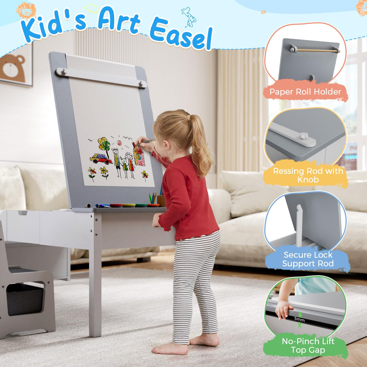 5-in-1 Kids Art Table & Chair Set with Convertible Easel
