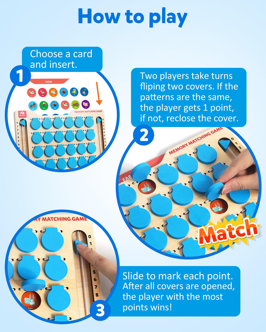 Coogam Memory Matching Game, Wooden Board Travel Toy with Memory Cards