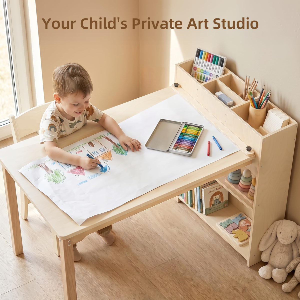 Wooden Kids Activity Table & Chair with Storage Cabinet